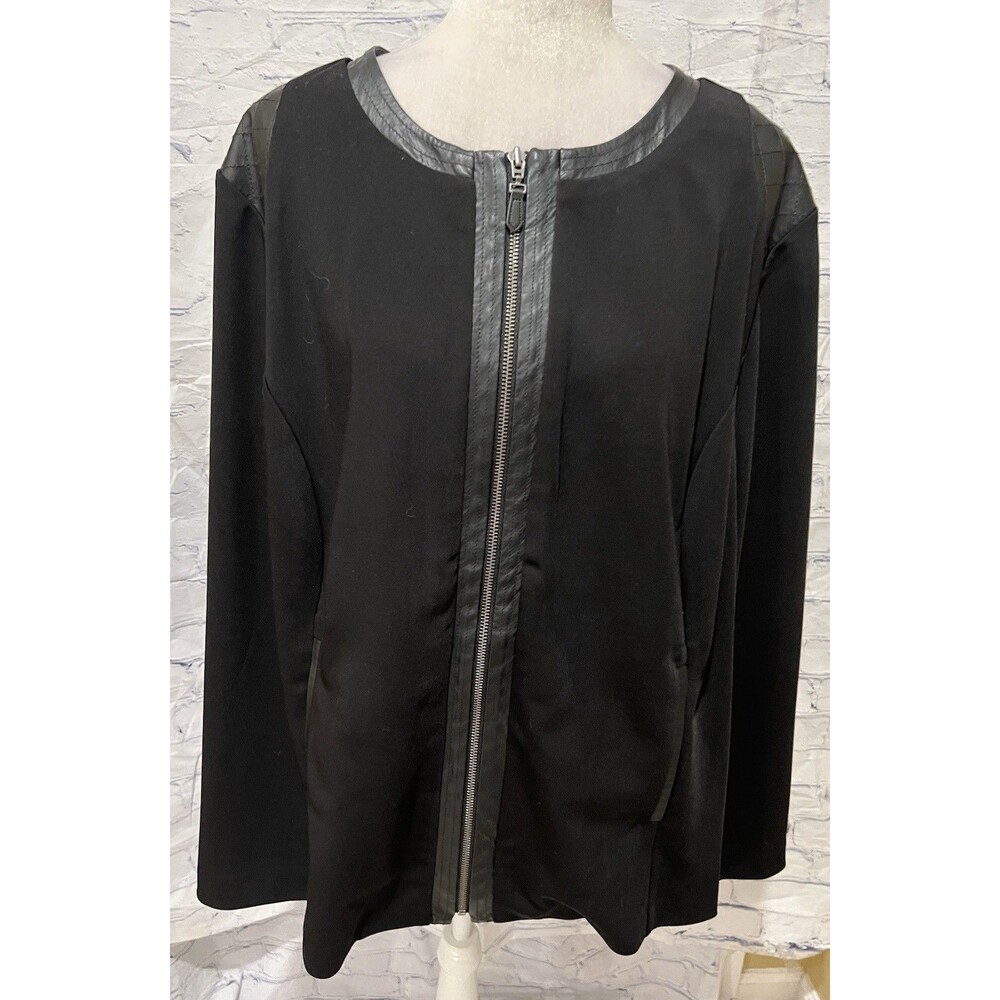 Susan Graver QVC Faux Leather Trimmed Women's Zip Up Coat Jacket Black Plus 2X